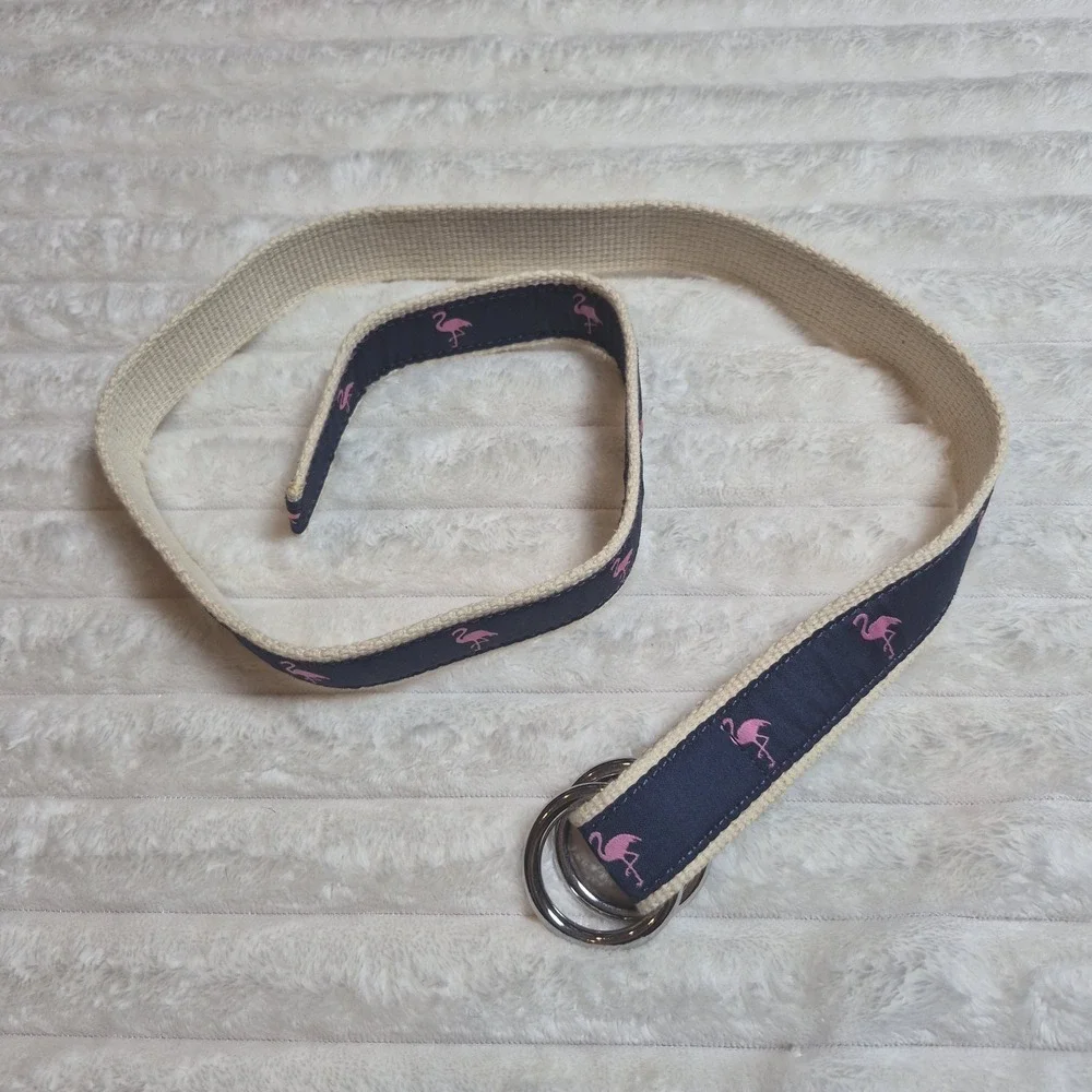 J. Crew Mens Flamingo Navy Blue Pink D-Ring Web Belt Cotton S/M G6095